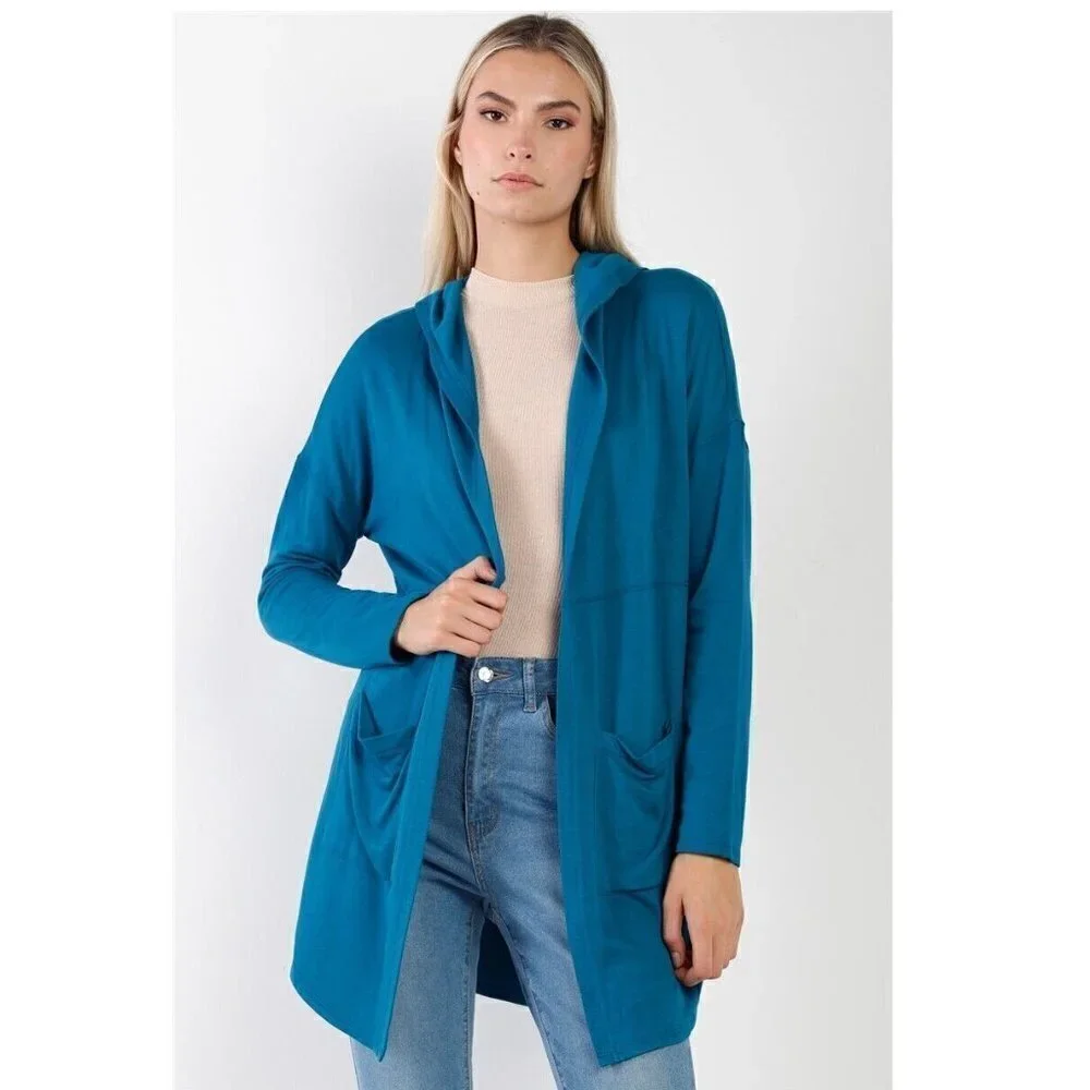 Womens Long Sleeve Open Front Hooded Cardigan Soft Comfortable Blue Sizes S M L